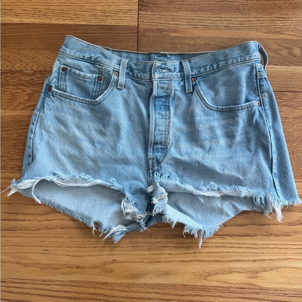 Levi's Distressed 501 Button Fly Light Blue Denim Cutoff Shorts Boho Summer
